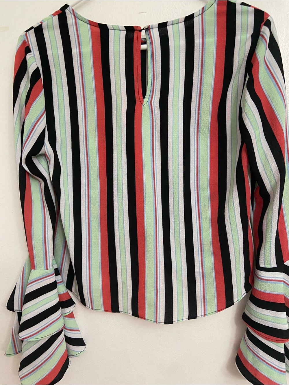 Bar III Striped Twist-Front Blouse - Black, Red & Mint Green Bell Sleeve - Picture 3 of 8